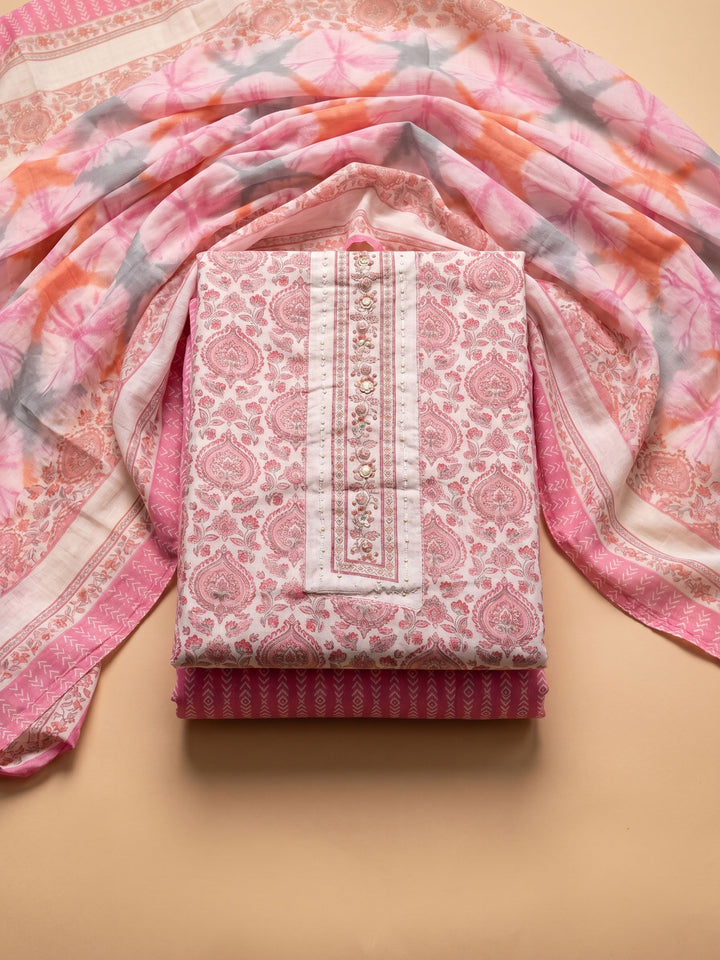 Pink Printed Cotton Blend Unstitched Suit &amp; Pant With Cotton Dupatta