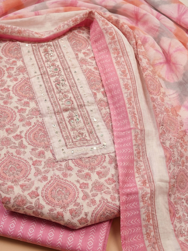 Pink Printed Cotton Blend Unstitched Suit &amp; Pant With Cotton Dupatta