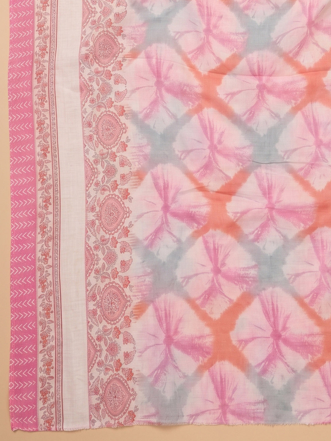 Pink Printed Cotton Blend Unstitched Suit &amp; Pant With Cotton Dupatta