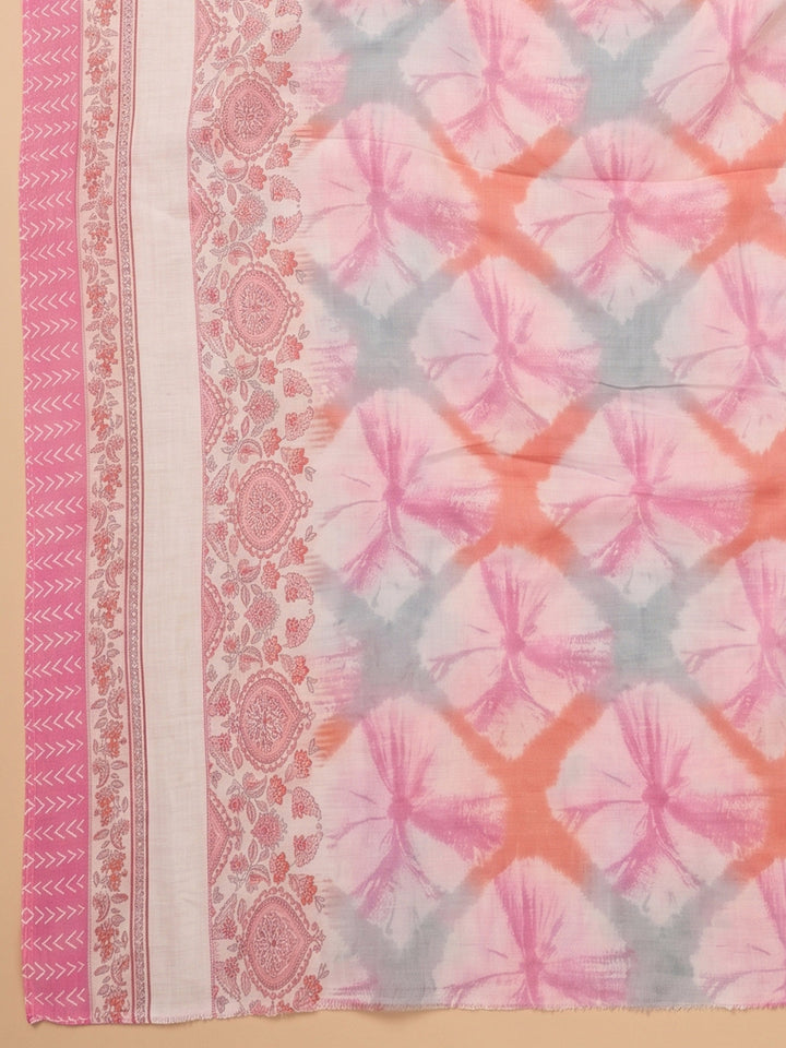 Pink Printed Cotton Blend Unstitched Suit &amp; Pant With Cotton Dupatta