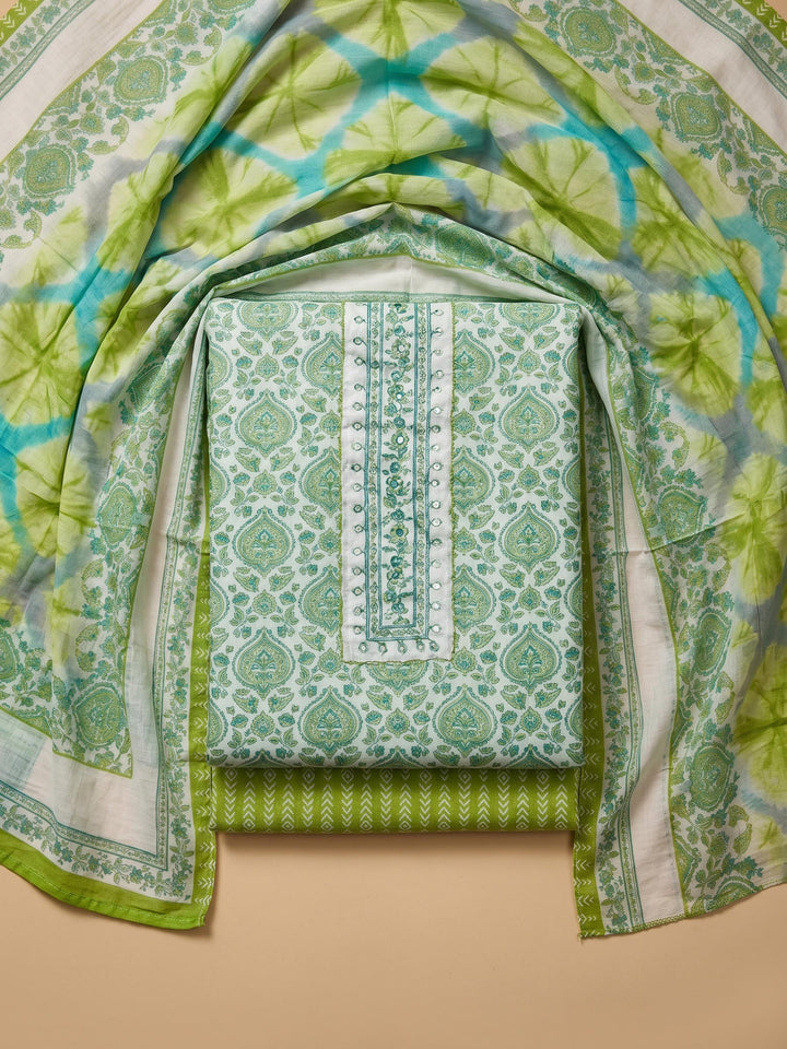 Pista Green Printed Cotton Blend Unstitched Suit &amp; Pant With Cotton Dupatta