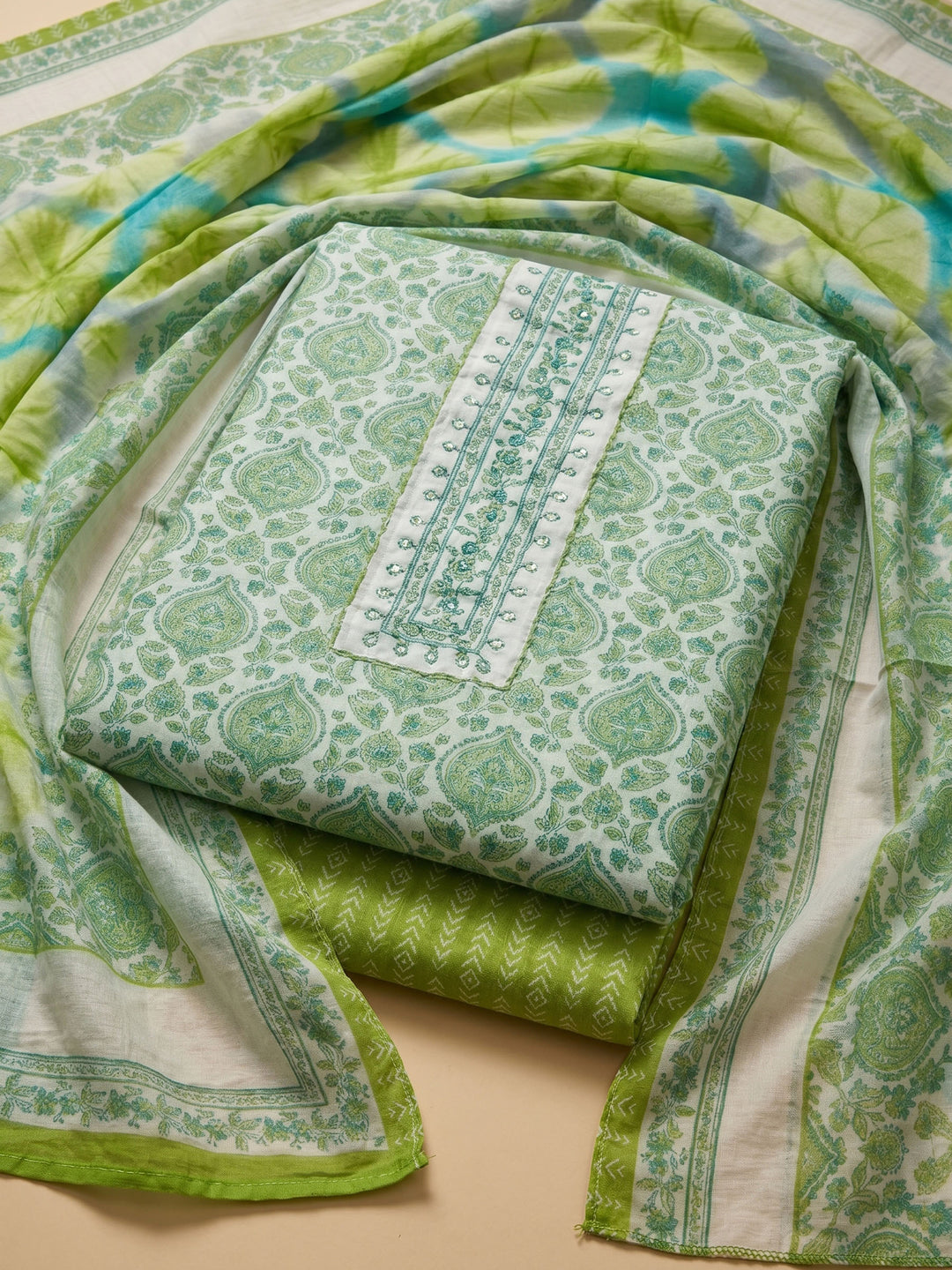 Pista Green Printed Cotton Blend Unstitched Suit &amp; Pant With Cotton Dupatta