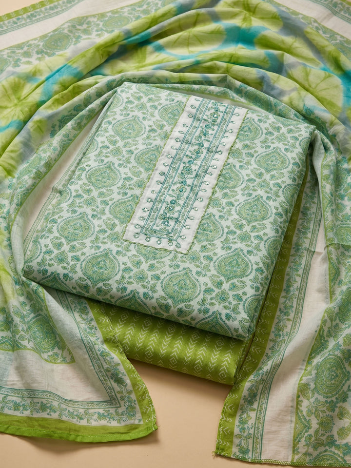 Pista Green Printed Cotton Blend Unstitched Suit &amp; Pant With Cotton Dupatta