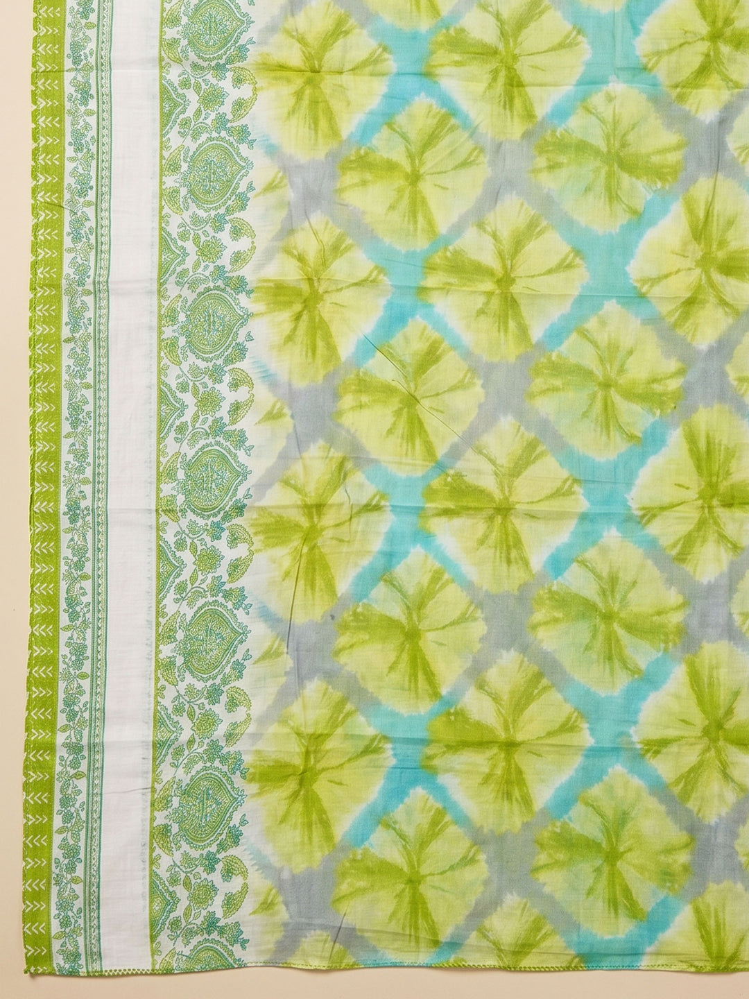 Pista Green Printed Cotton Blend Unstitched Suit &amp; Pant With Cotton Dupatta