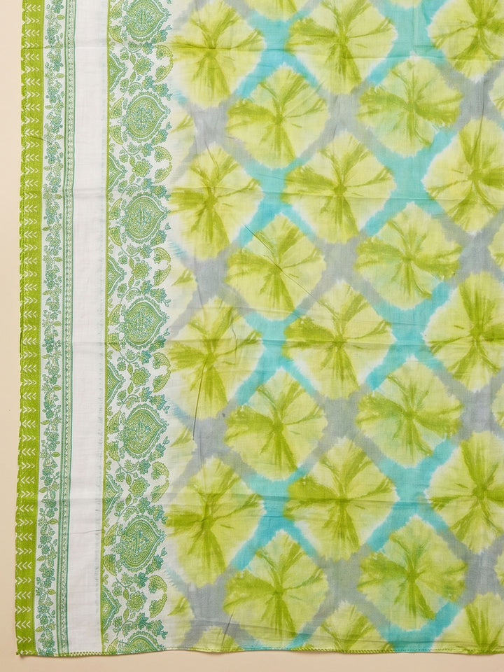 Pista Green Printed Cotton Blend Unstitched Suit &amp; Pant With Cotton Dupatta