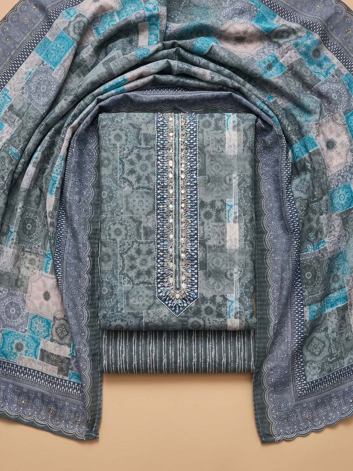 Grey Printed Cotton Blend Unstitched Suit &amp; Pant With Cotton Dupatta