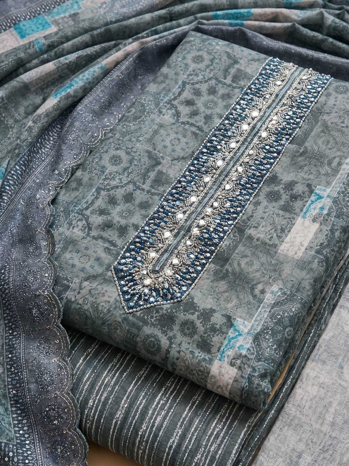 Grey Printed Cotton Blend Unstitched Suit &amp; Pant With Cotton Dupatta