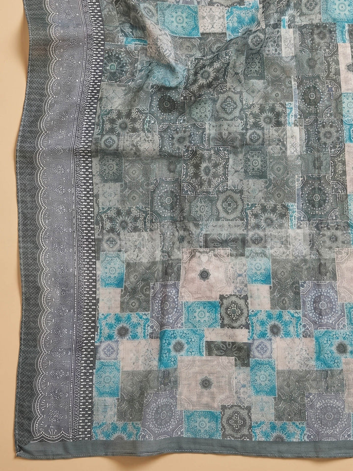 Grey Printed Cotton Blend Unstitched Suit &amp; Pant With Cotton Dupatta