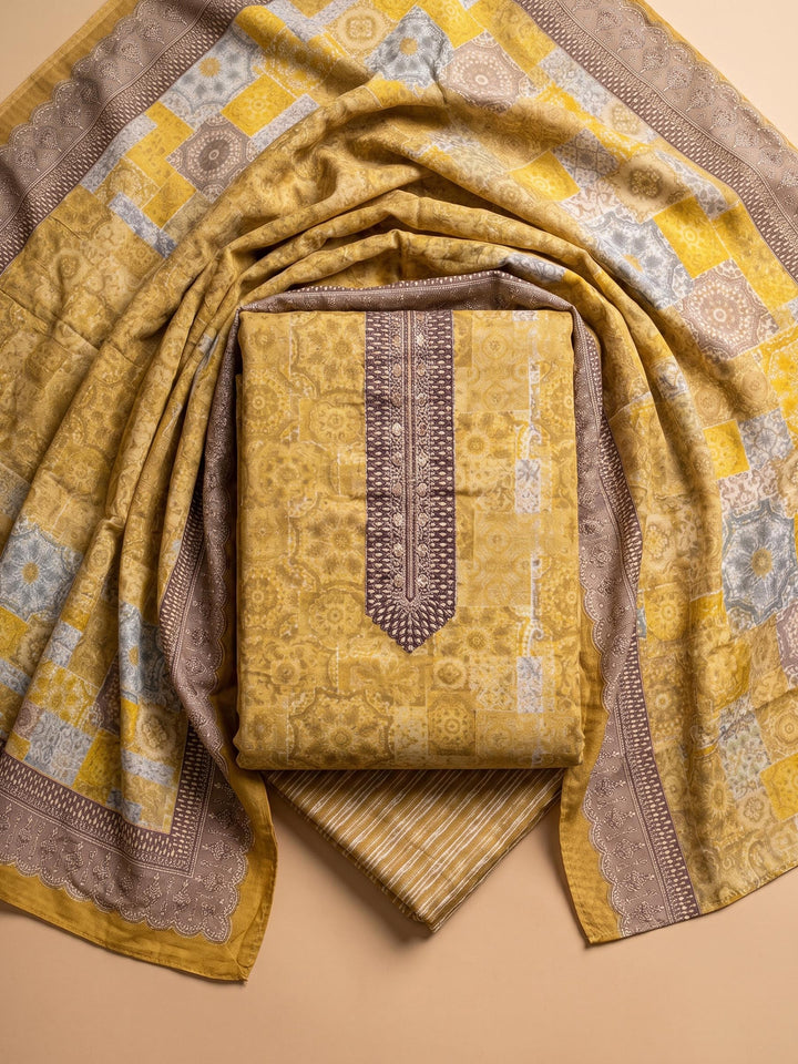 Mustard Printed Cotton Blend Unstitched Suit &amp; Pant With Cotton Dupatta