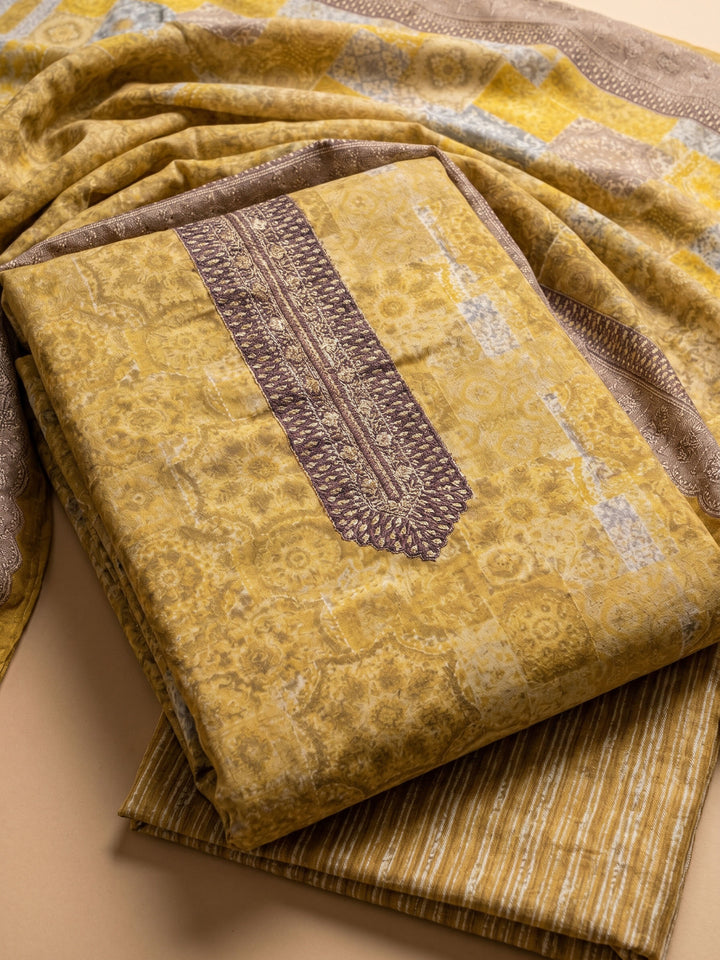 Mustard Printed Cotton Blend Unstitched Suit &amp; Pant With Cotton Dupatta