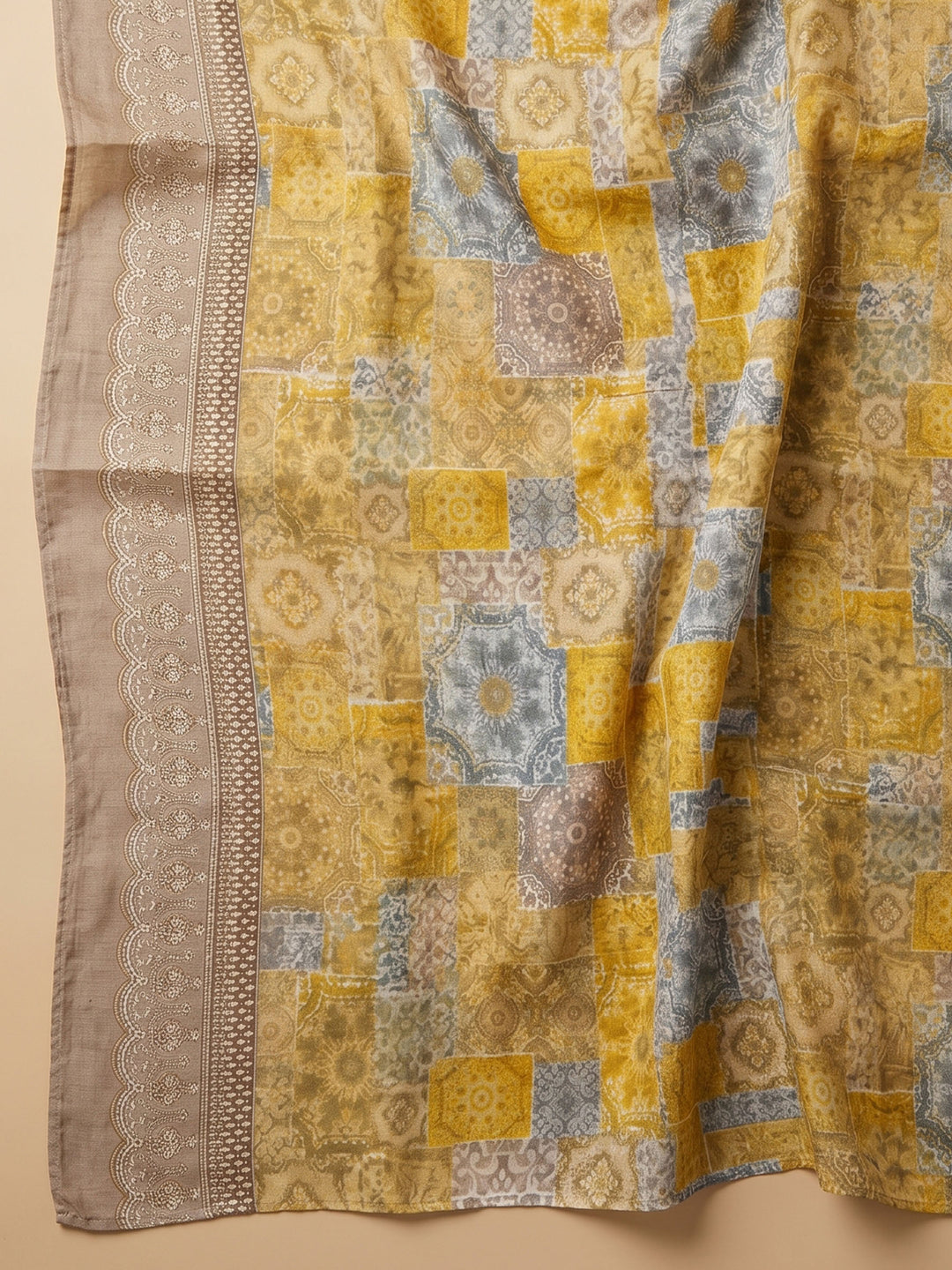 Mustard Printed Cotton Blend Unstitched Suit &amp; Pant With Cotton Dupatta