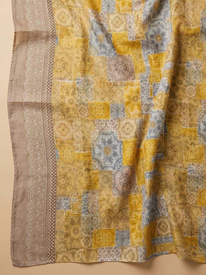 Mustard Printed Cotton Blend Unstitched Suit &amp; Pant With Cotton Dupatta