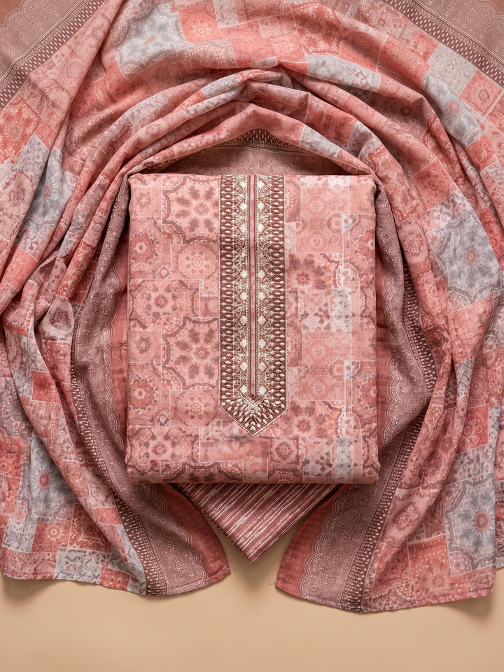 Peach Printed Cotton Blend Unstitched Suit &amp; Pant With Cotton Dupatta