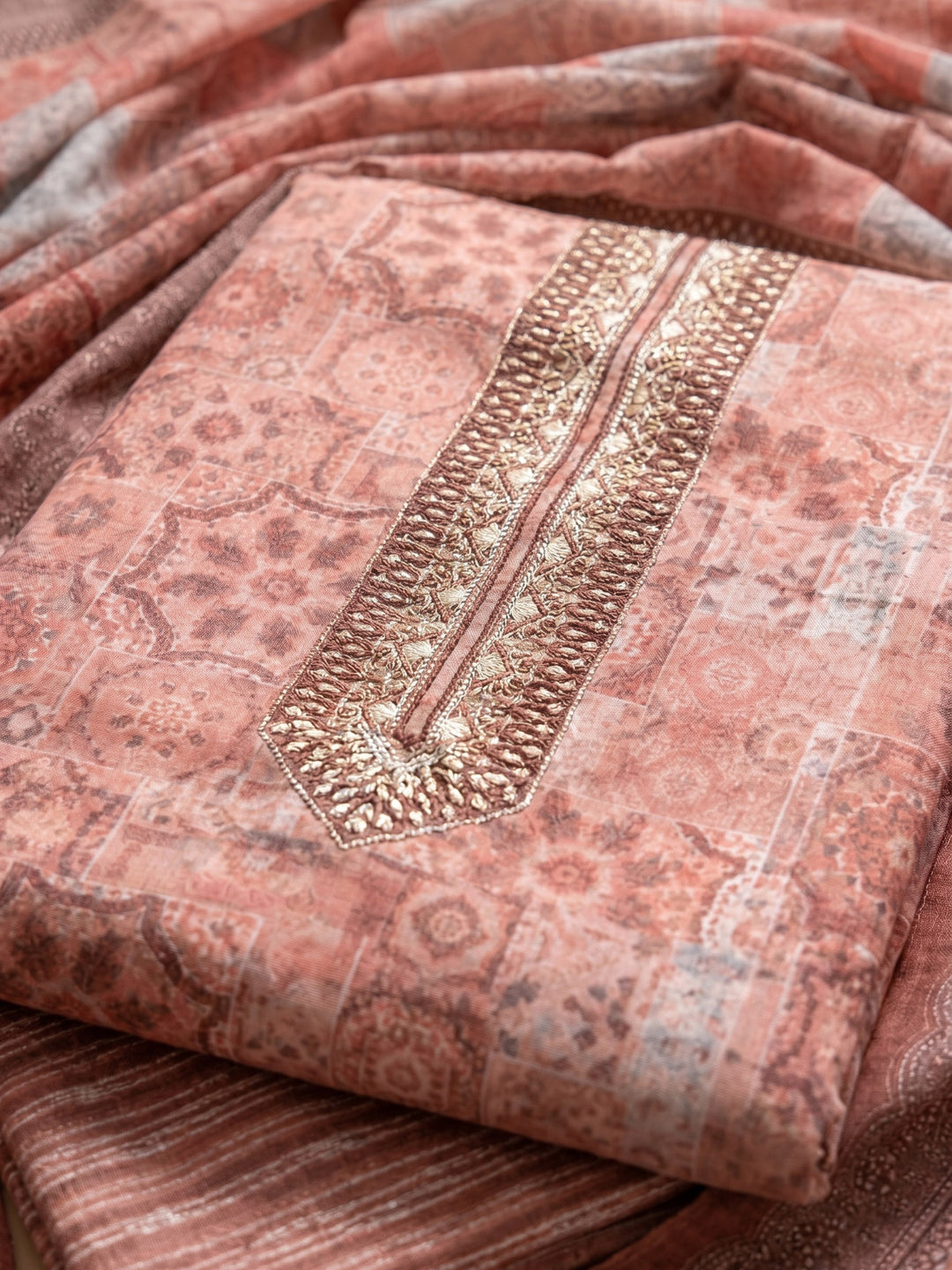 Peach Printed Cotton Blend Unstitched Suit &amp; Pant With Cotton Dupatta