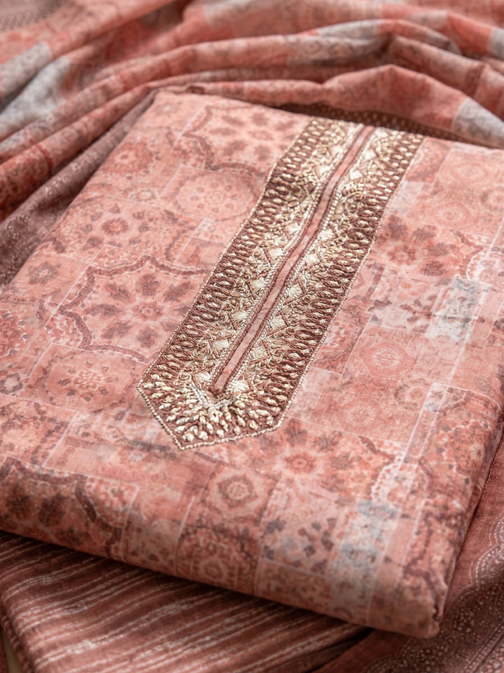 Peach Printed Cotton Blend Unstitched Suit &amp; Pant With Cotton Dupatta