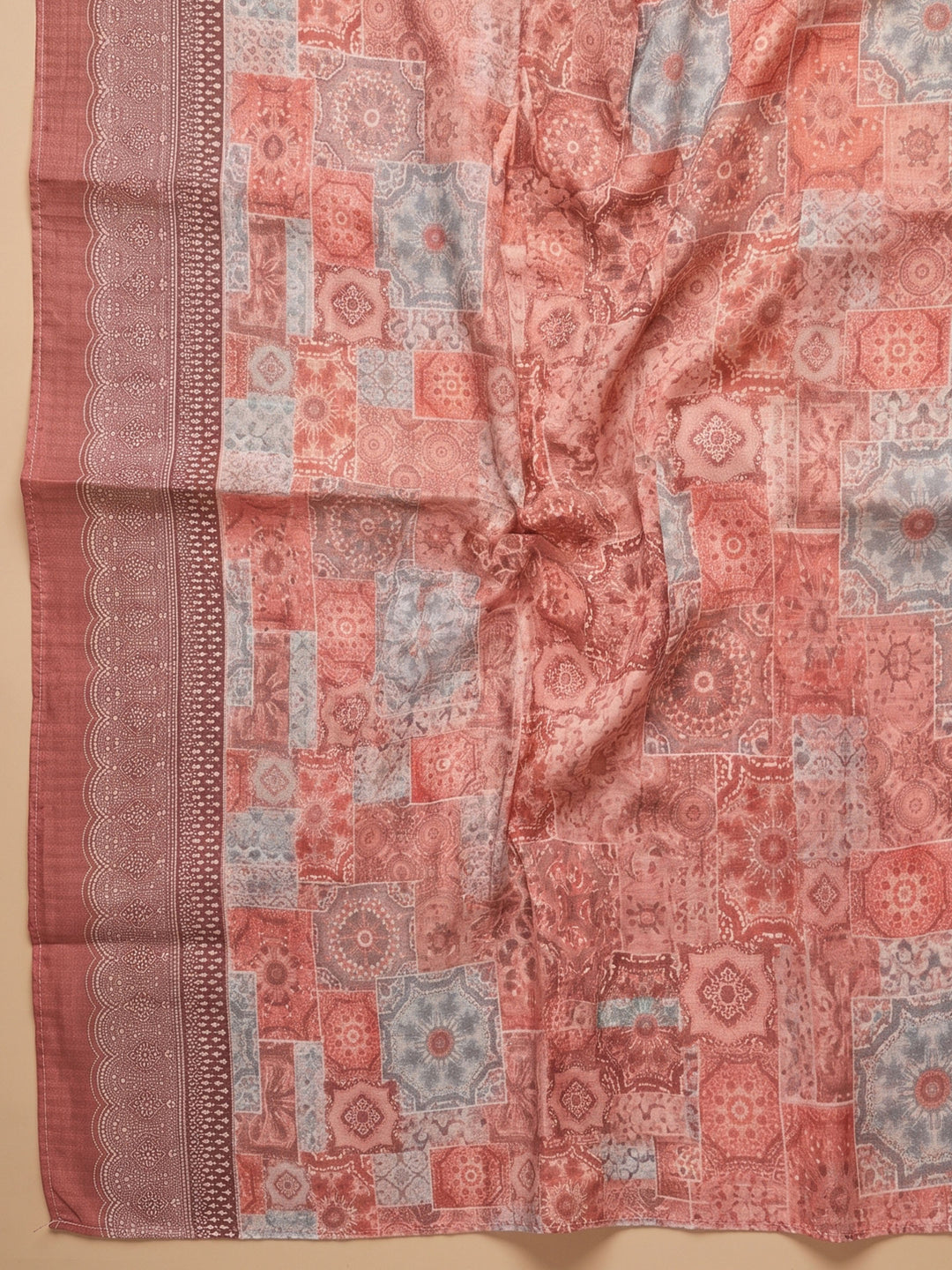 Peach Printed Cotton Blend Unstitched Suit &amp; Pant With Cotton Dupatta