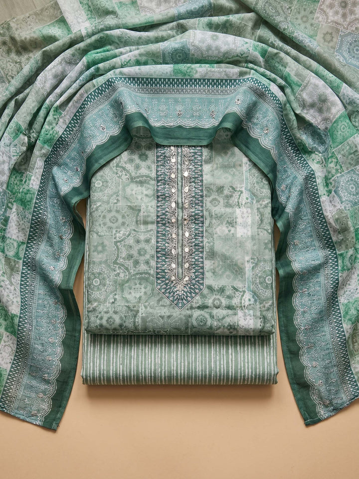 Pista Green Printed Cotton Blend Unstitched Suit &amp; Pant With Cotton Dupatta