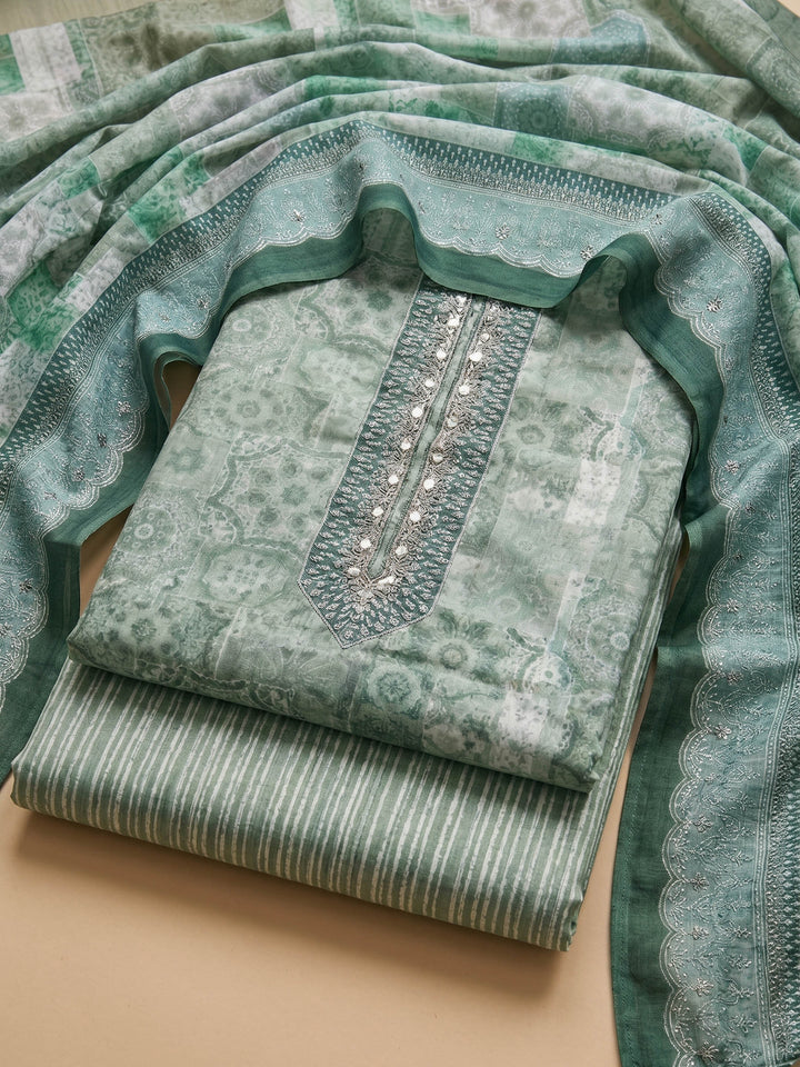 Pista Green Printed Cotton Blend Unstitched Suit &amp; Pant With Cotton Dupatta