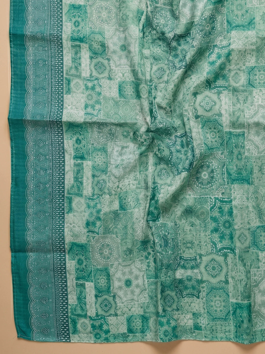 Pista Green Printed Cotton Blend Unstitched Suit &amp; Pant With Cotton Dupatta