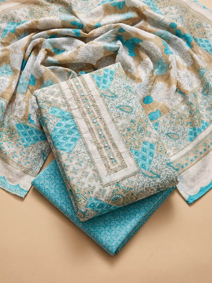 Firozee Printed Cotton Blend Unstitched Suit &amp; Pant With Cotton Dupatta