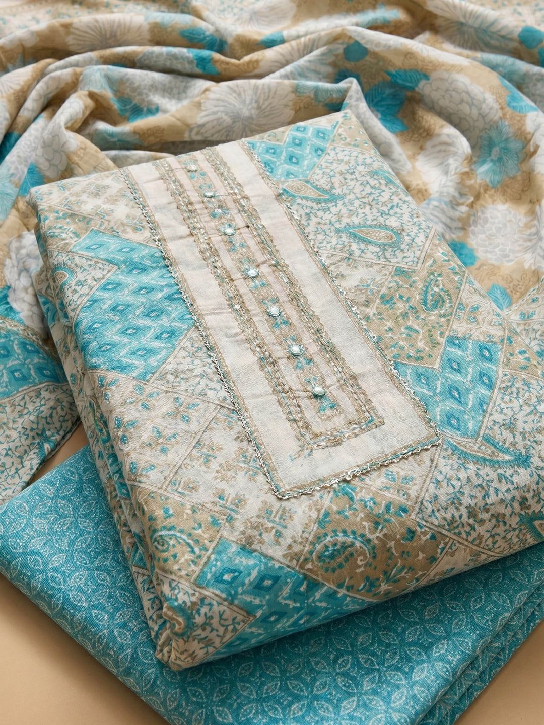 Firozee Printed Cotton Blend Unstitched Suit &amp; Pant With Cotton Dupatta