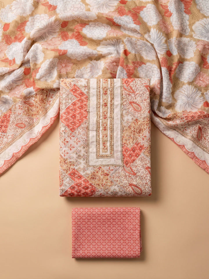 Peach Printed Cotton Blend Unstitched Suit &amp; Pant With Cotton Dupatta