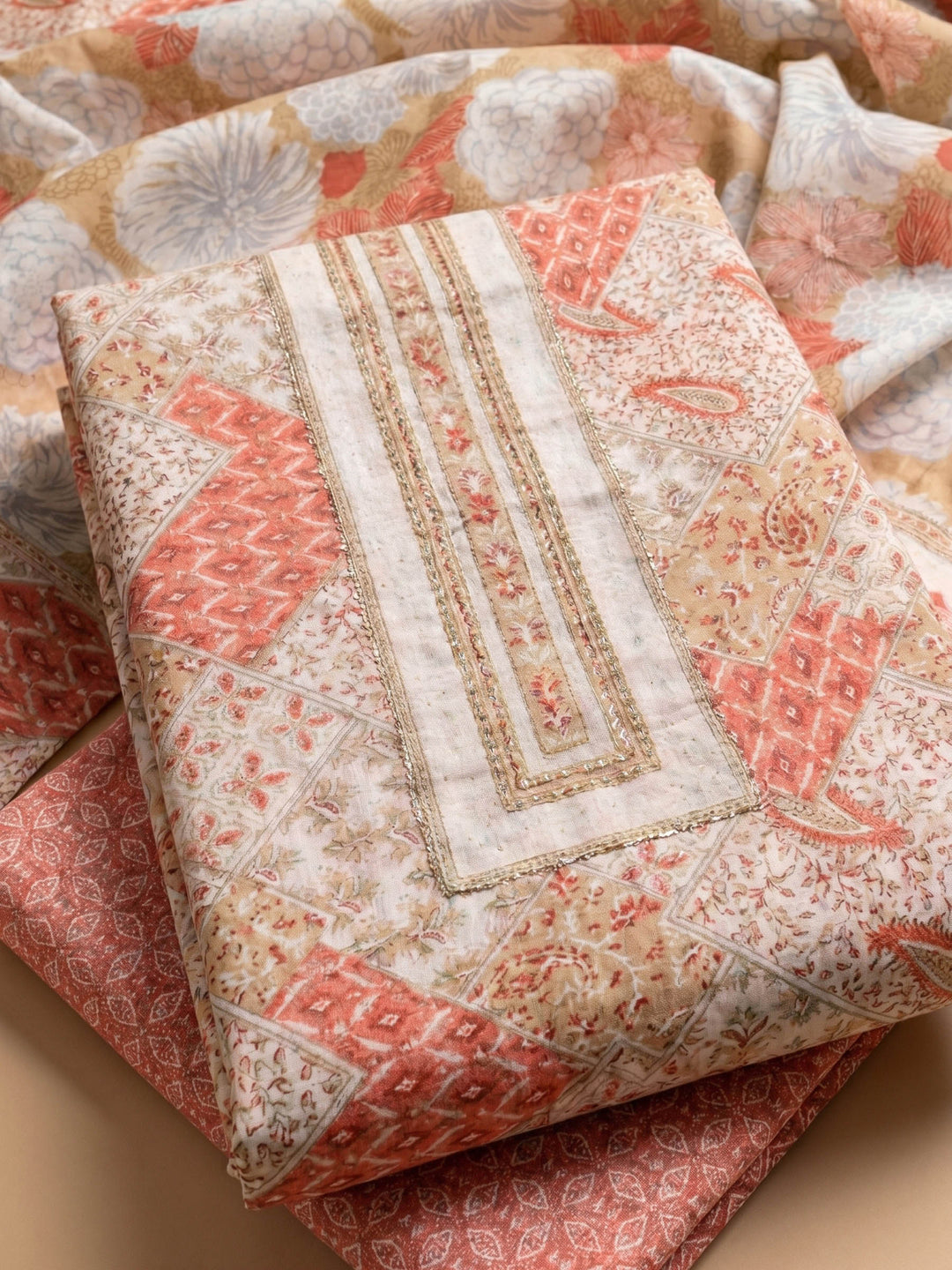 Peach Printed Cotton Blend Unstitched Suit &amp; Pant With Cotton Dupatta