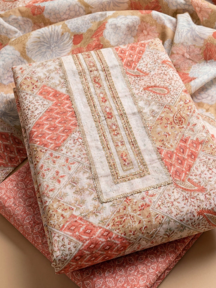 Peach Printed Cotton Blend Unstitched Suit &amp; Pant With Cotton Dupatta