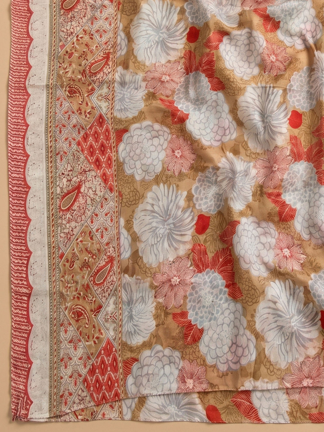 Peach Printed Cotton Blend Unstitched Suit &amp; Pant With Cotton Dupatta