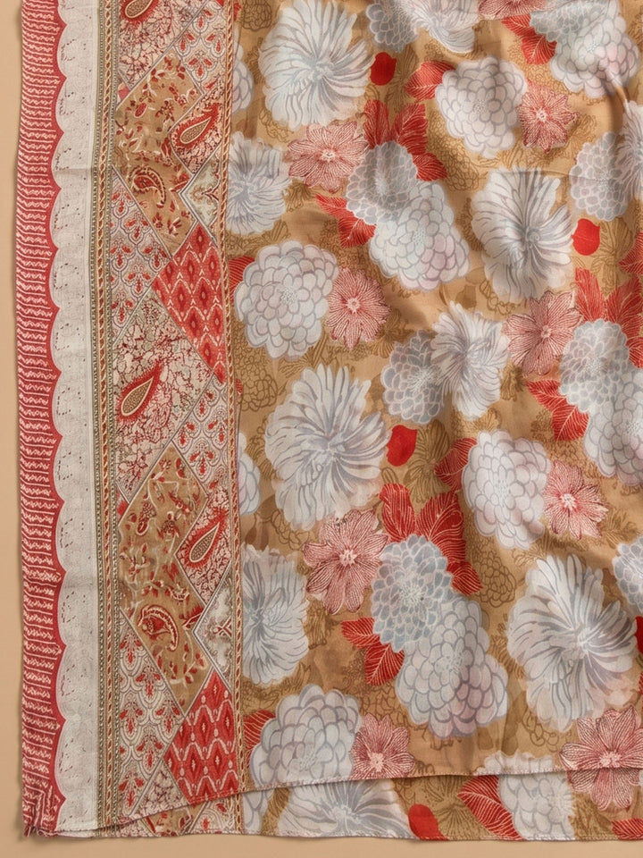 Peach Printed Cotton Blend Unstitched Suit &amp; Pant With Cotton Dupatta