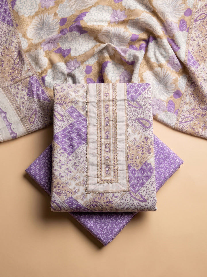 Purple Printed Cotton Blend Unstitched Suit &amp; Pant With Cotton Dupatta