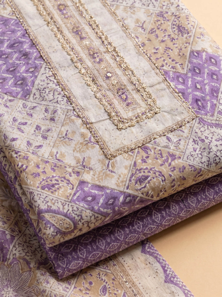 Purple Printed Cotton Blend Unstitched Suit &amp; Pant With Cotton Dupatta