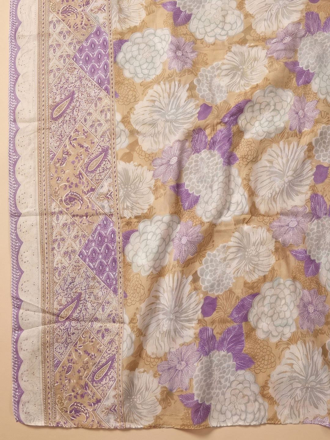 Purple Printed Cotton Blend Unstitched Suit &amp; Pant With Cotton Dupatta