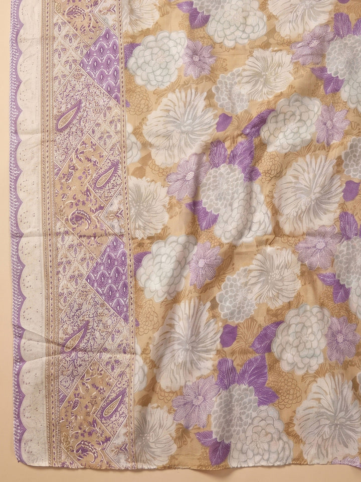 Purple Printed Cotton Blend Unstitched Suit &amp; Pant With Cotton Dupatta