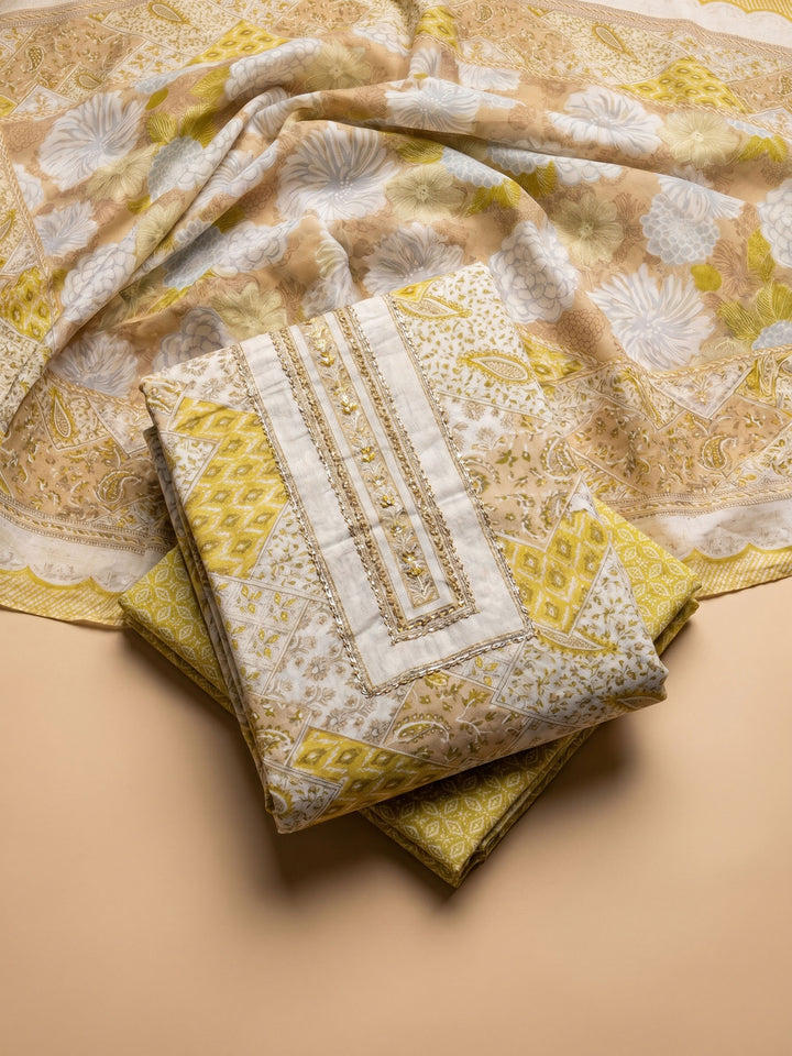 Yellow Printed Cotton Blend Unstitched Suit &amp; Pant With Cotton Dupatta