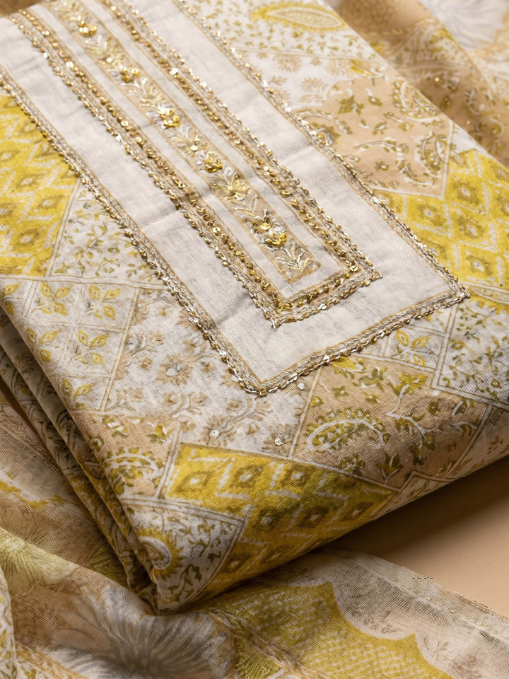 Yellow Printed Cotton Blend Unstitched Suit &amp; Pant With Cotton Dupatta