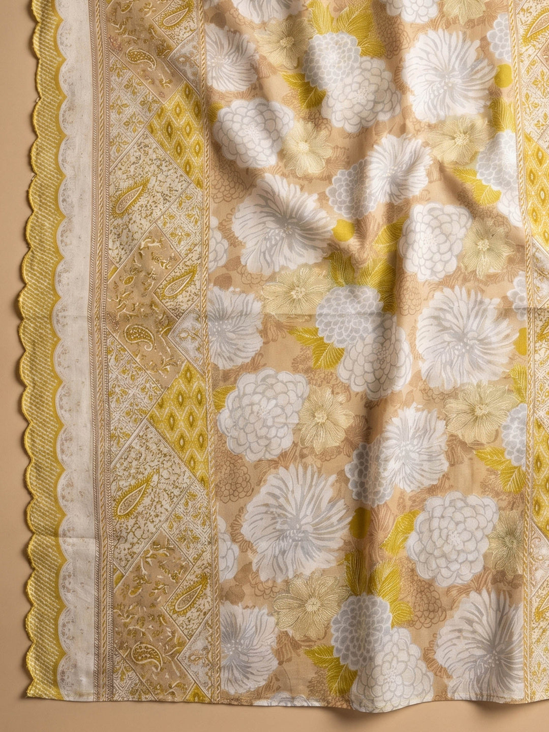 Yellow Printed Cotton Blend Unstitched Suit &amp; Pant With Cotton Dupatta