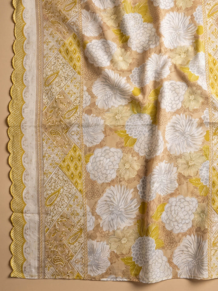 Yellow Printed Cotton Blend Unstitched Suit &amp; Pant With Cotton Dupatta