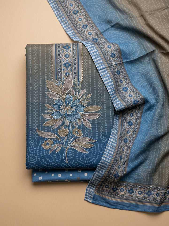 Blue Printed Cotton Blend Unstitched Suit &amp; Pant With Cotton Dupatta