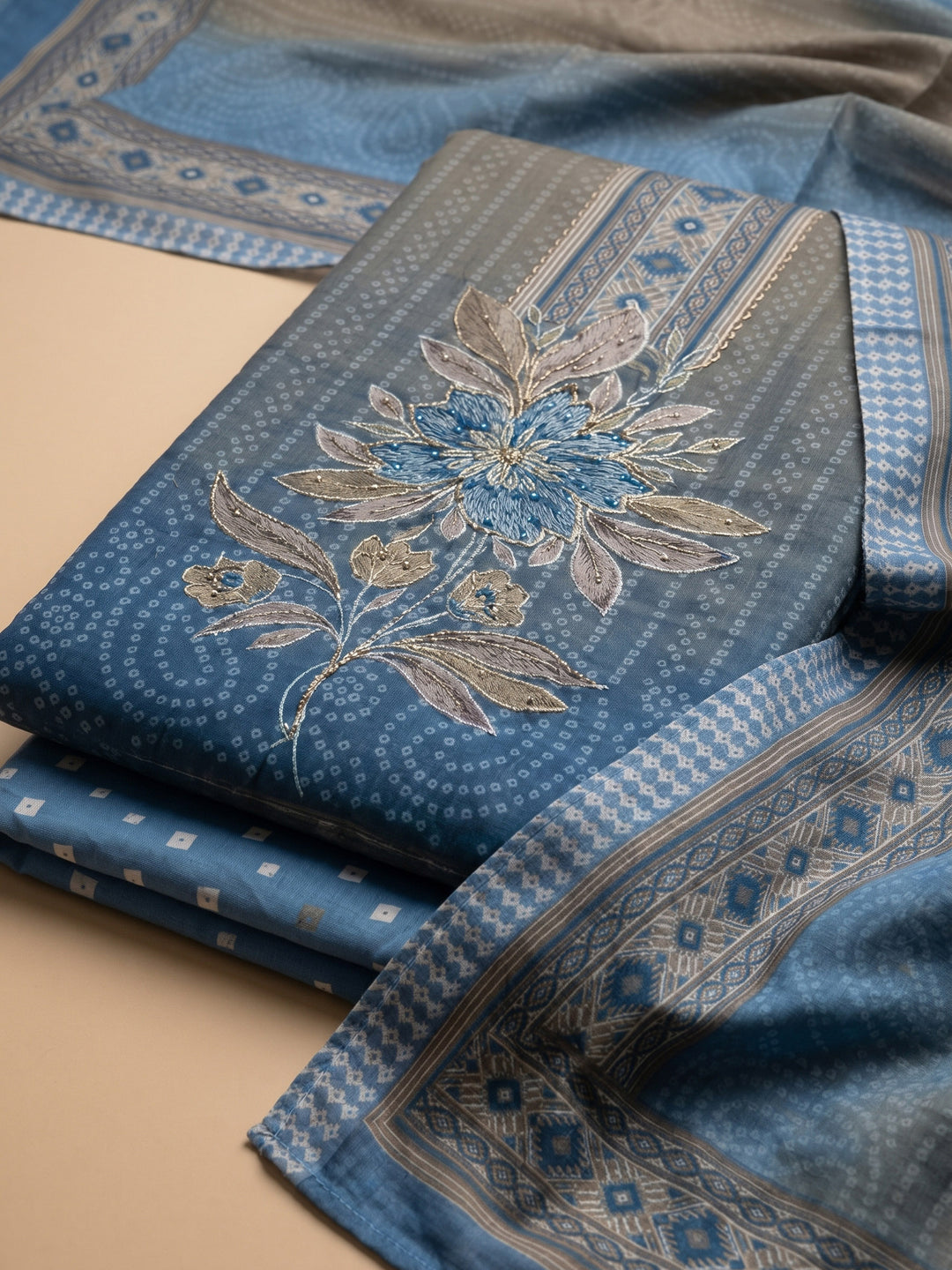 Blue Printed Cotton Blend Unstitched Suit &amp; Pant With Cotton Dupatta