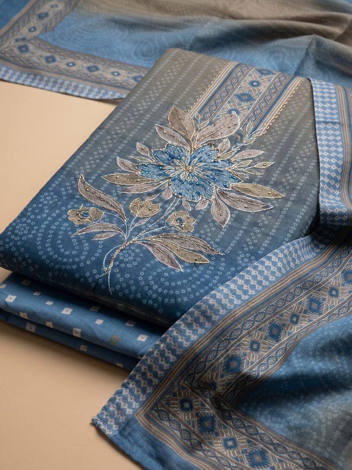 Blue Printed Cotton Blend Unstitched Suit &amp; Pant With Cotton Dupatta