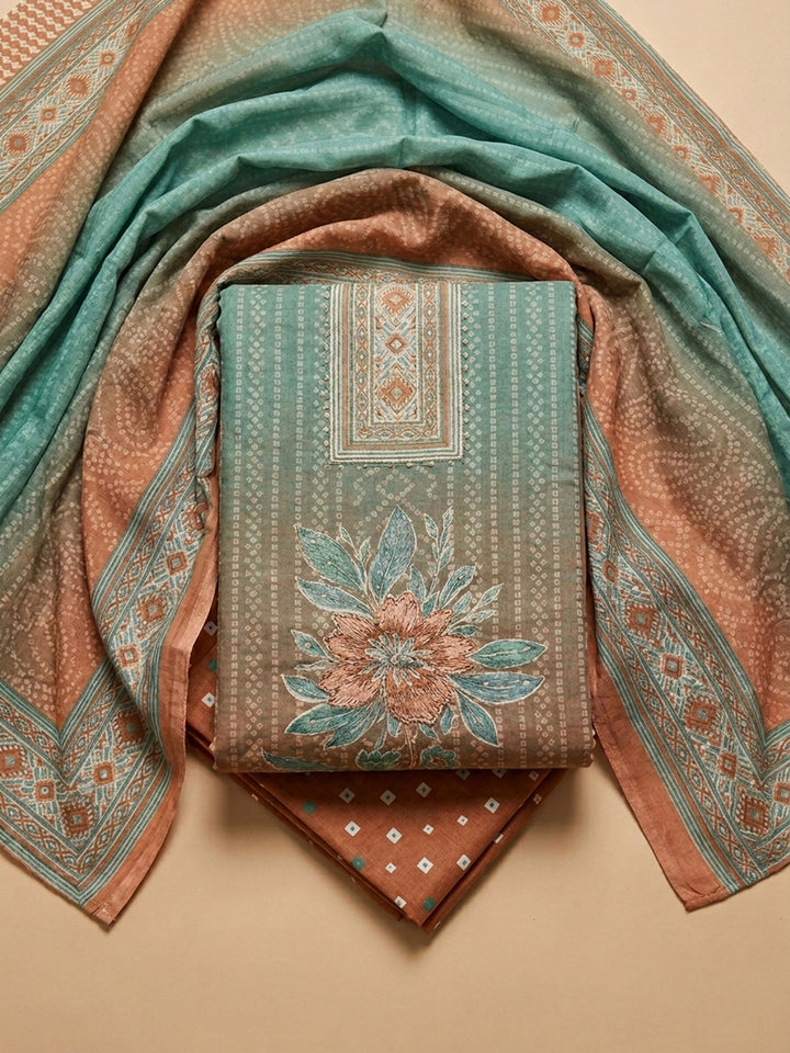 Green Printed Cotton Blend Unstitched Suit &amp; Pant With Cotton Dupatta