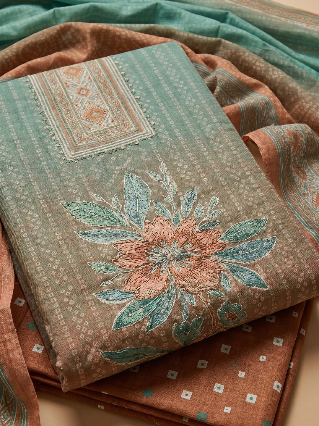 Green Printed Cotton Blend Unstitched Suit &amp; Pant With Cotton Dupatta