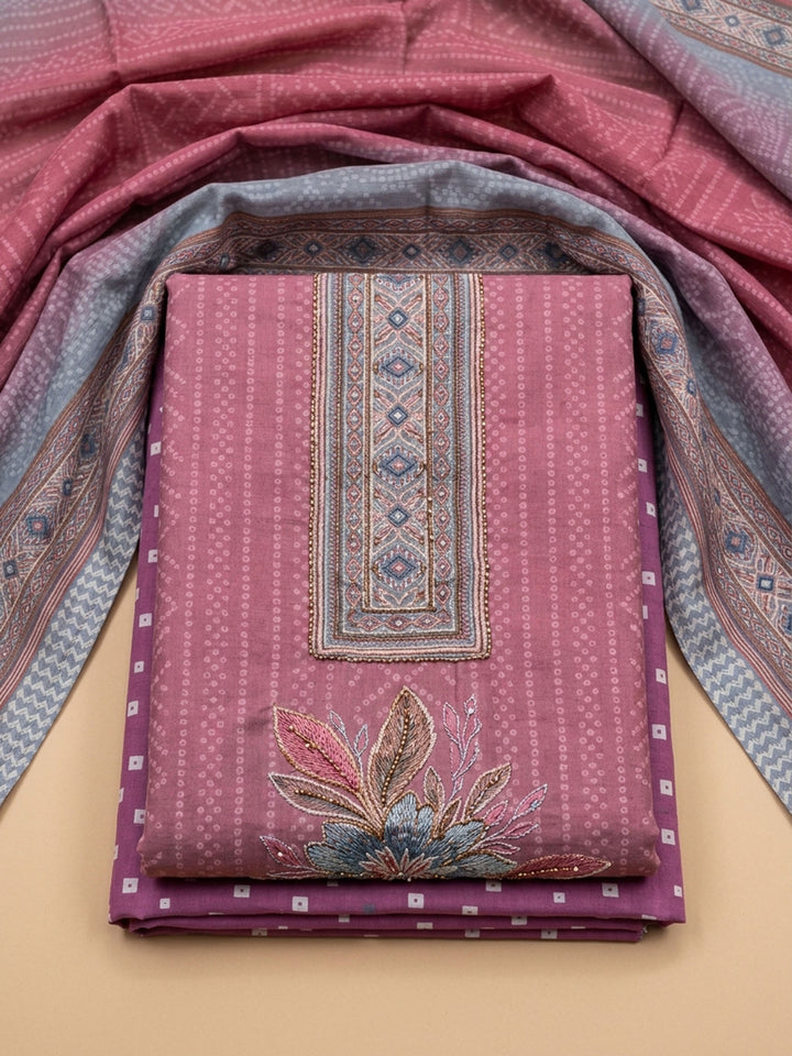 Onion Pink Printed Cotton Blend Unstitched Suit &amp; Pant With Cotton Dupatta