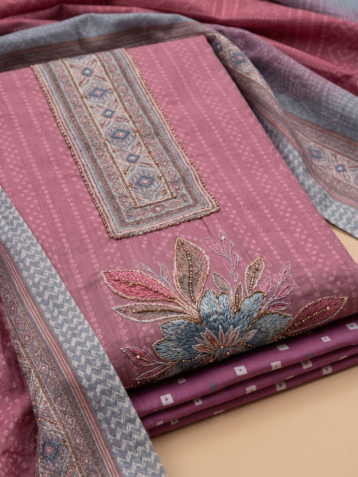 Onion Pink Printed Cotton Blend Unstitched Suit &amp; Pant With Cotton Dupatta