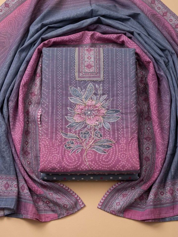 Purple Printed Cotton Blend Unstitched Suit &amp; Pant With Cotton Dupatta