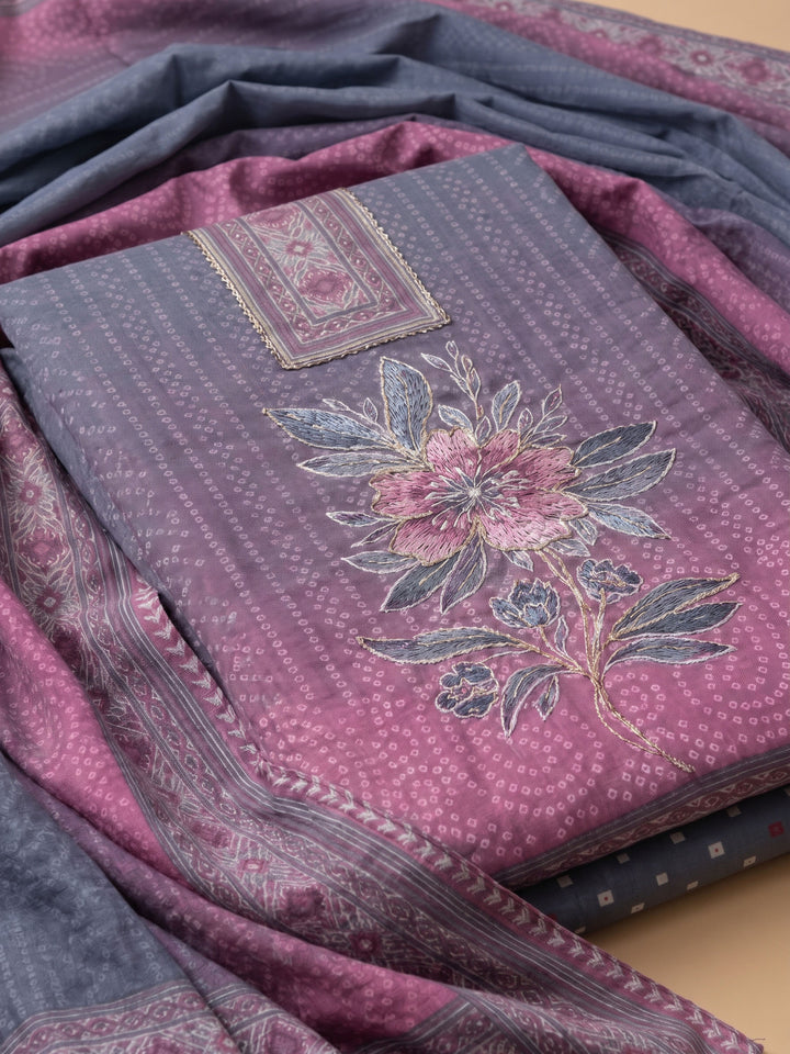 Purple Printed Cotton Blend Unstitched Suit &amp; Pant With Cotton Dupatta