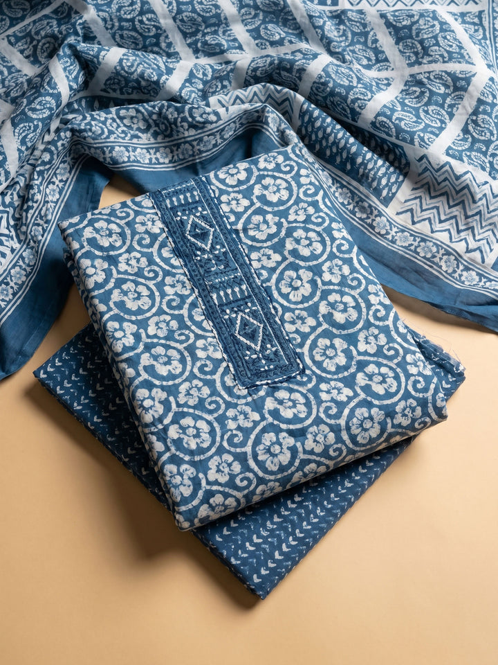 Blue Printed Cotton Blend Unstitched Suit &amp; Pant With Cotton Dupatta