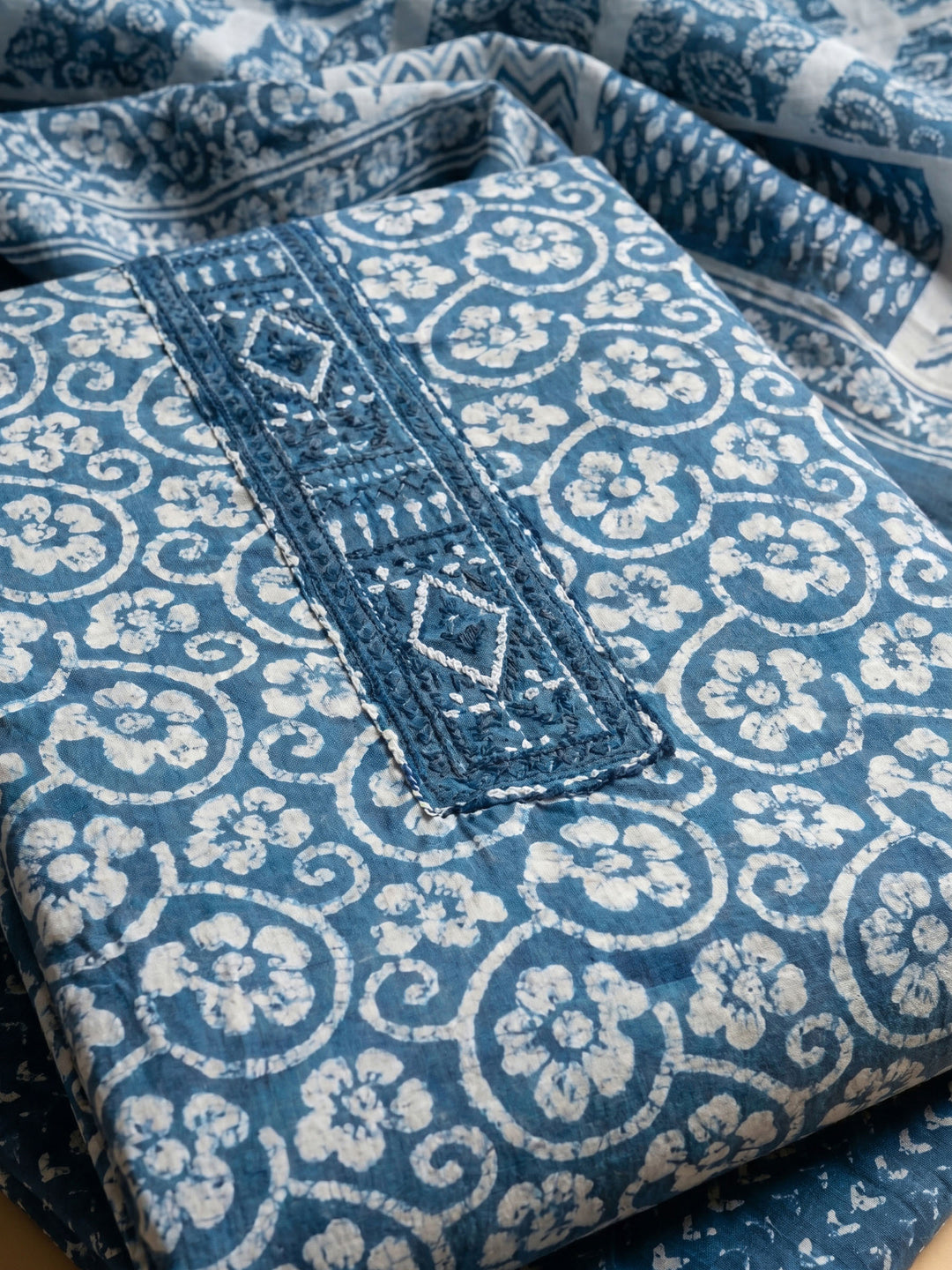 Blue Printed Cotton Blend Unstitched Suit &amp; Pant With Cotton Dupatta