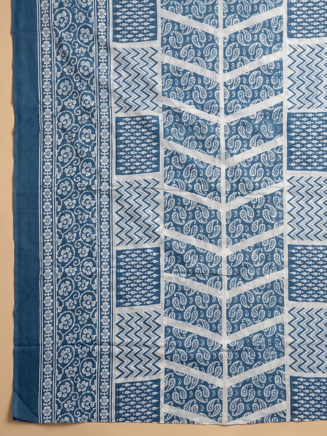 Blue Printed Cotton Blend Unstitched Suit &amp; Pant With Cotton Dupatta